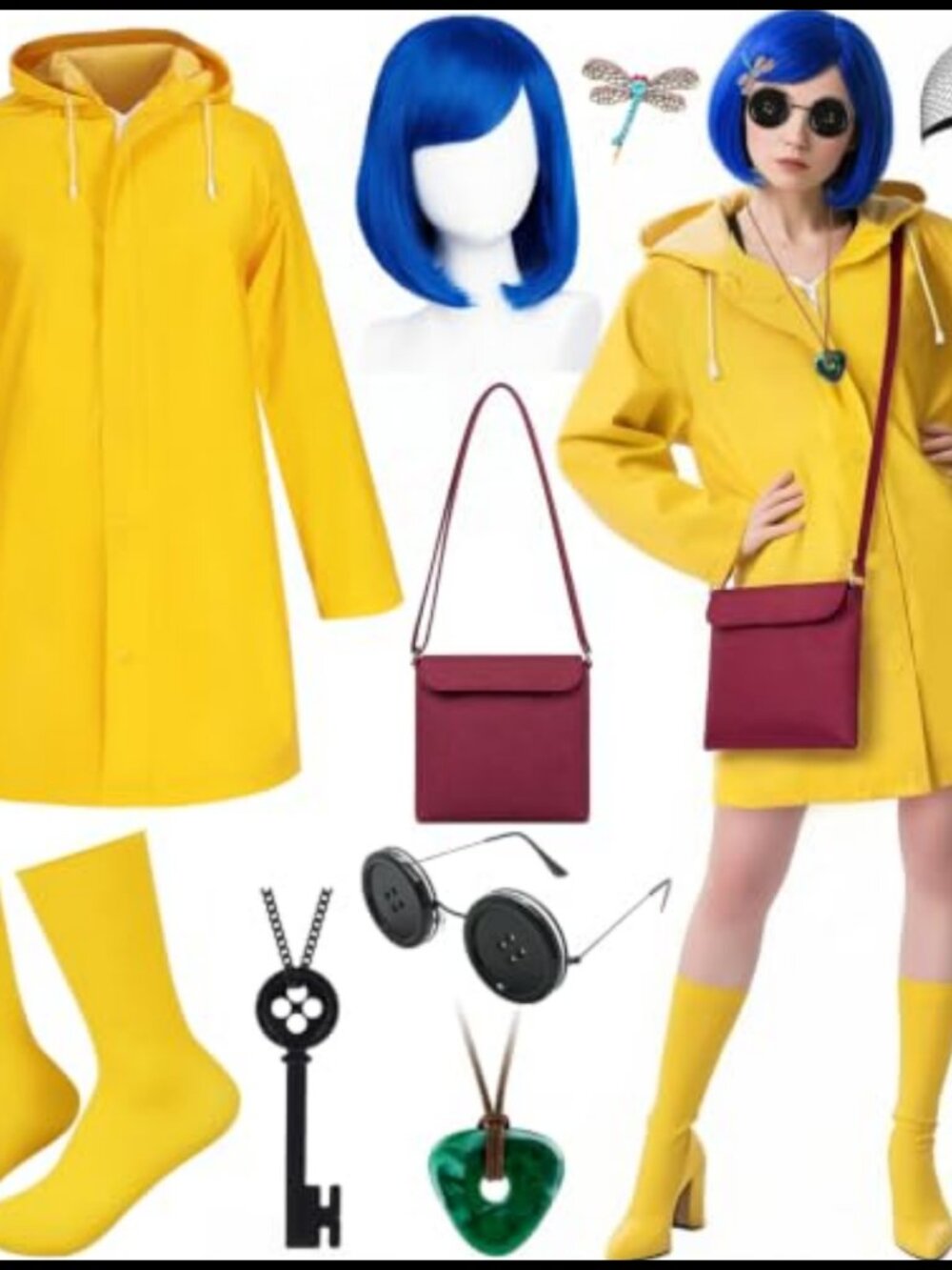 Fantasy Costume Set: Blue Wig, Raincoat, Socks, Crossbody Bag, Glasses, Necklace